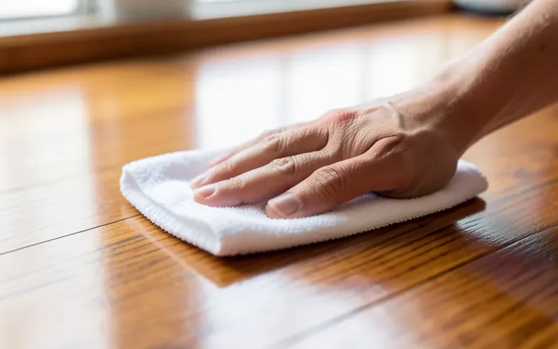 Hand wiping a clean hardwood floor with a microfiber cloth
