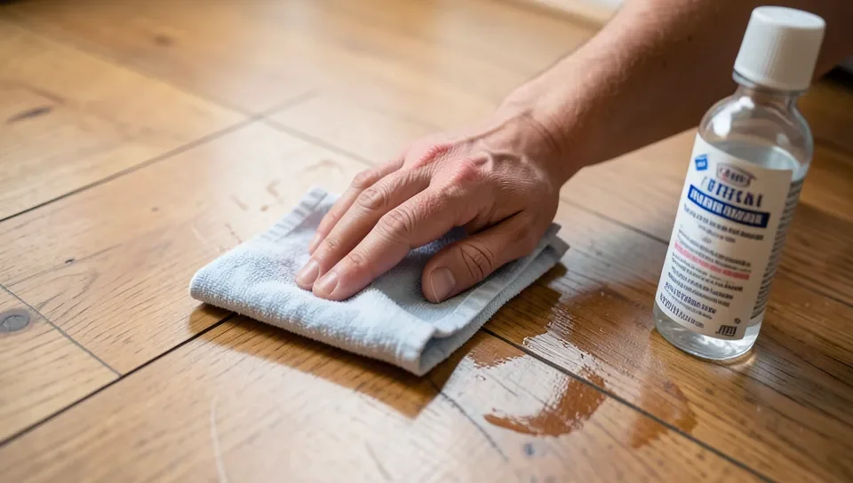 Wiping a marker stain off a wood floor with rubbing alcohol