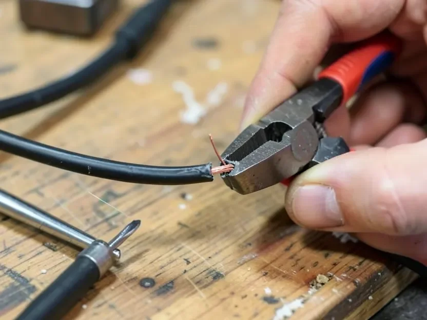 Stripping insulation from a power cord wire with wire strippers on a workbench