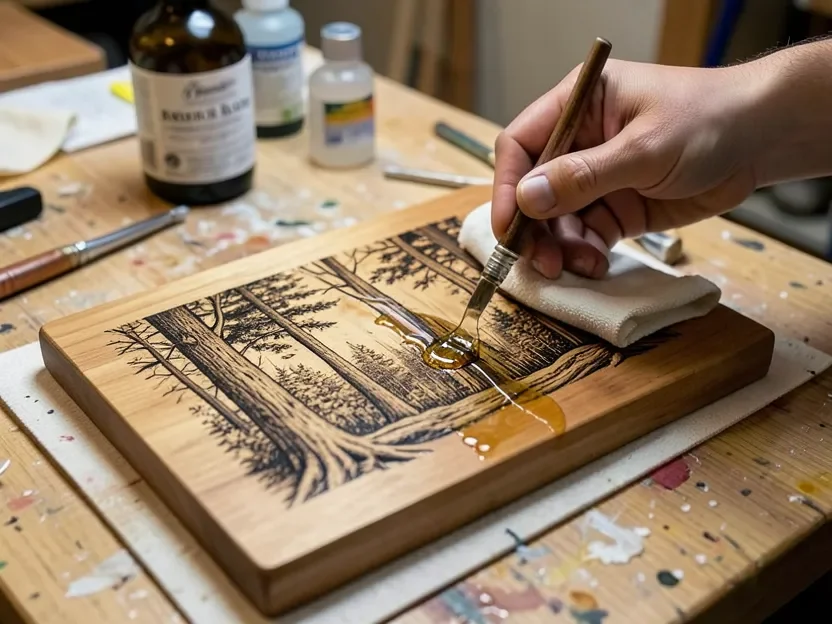 Hand applying clear finishing oil with a cloth to a finished wood burned forest scene on a wood board