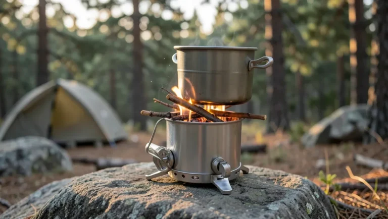 Titanium wood-burning backpacking stove boiling water over a twig fire at a forest campsite