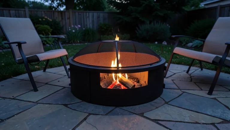 Round steel wood-burning fire pit with mesh spark screen glowing at dusk on a backyard patio
