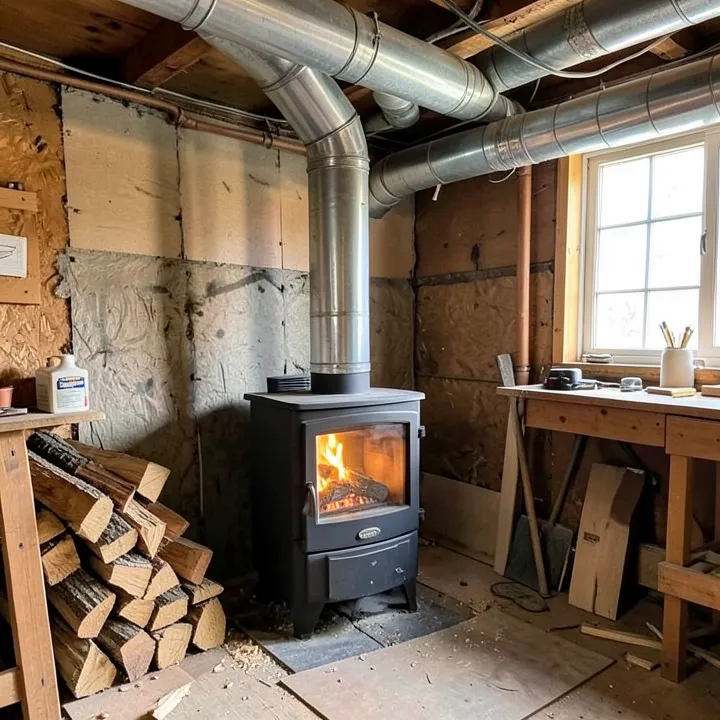 A wood burning forced air furnace in a home basement with ductwork and stacked split firewood