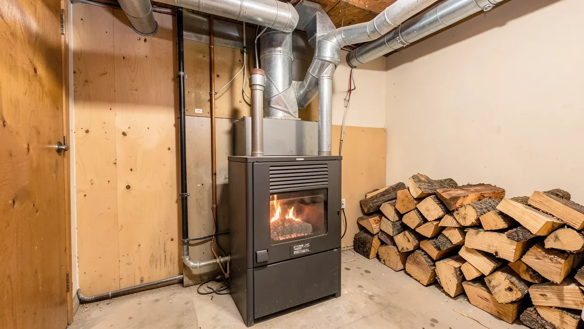 A wood burning forced air furnace in a home basement with ductwork and stacked split firewood