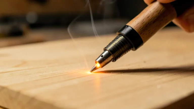 Glowing wood burning pyrography pen tip touching wood surface with rising smoke