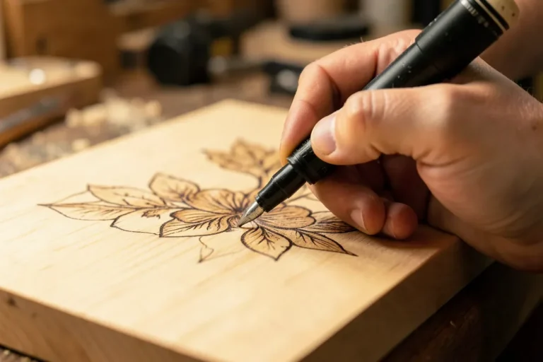 Woodworker using a low-voltage pyrography pen to burn a design into wood