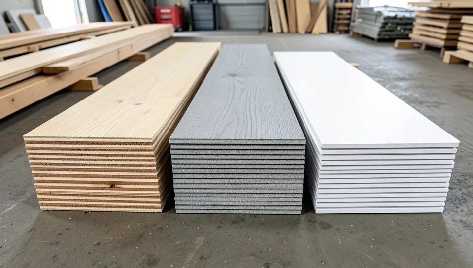 Wood, composite, and PVC deck boards stacked side by side