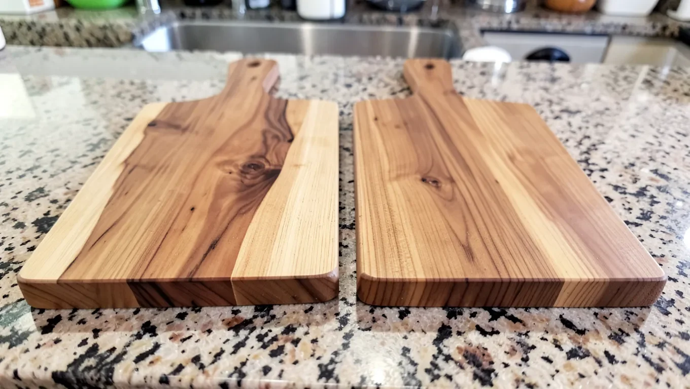 End-grain and edge-grain wood cutting boards side by side on a kitchen counter