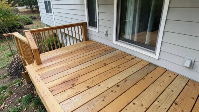 A newly built pressure-treated wood deck