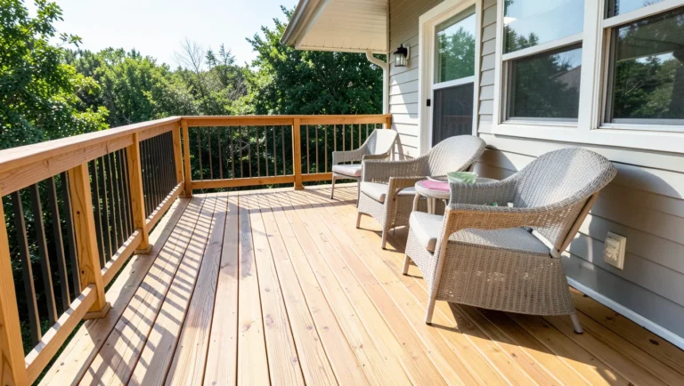 Finished natural wood deck with railing and outdoor seating attached to a house