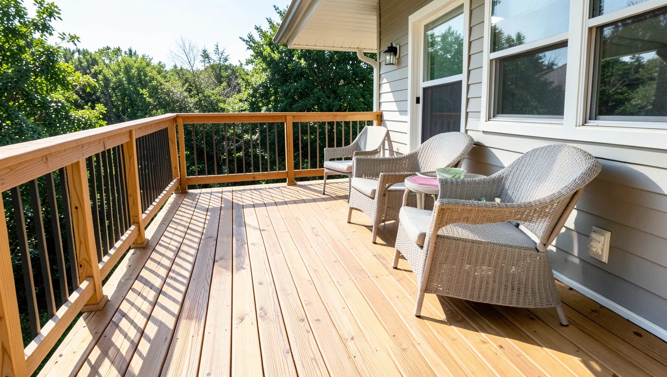 Finished natural wood deck with railing and outdoor seating attached to a house