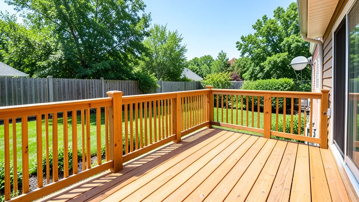 Wooden deck with natural cedar colored wood railing overlooking a backyard