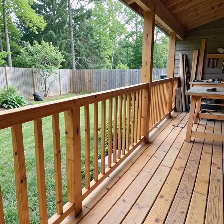 Wooden deck with natural cedar colored wood railing overlooking a backyard