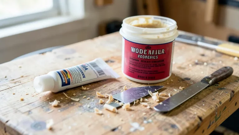 Tube of wood putty and tub of wood filler with a putty knife on a workshop bench