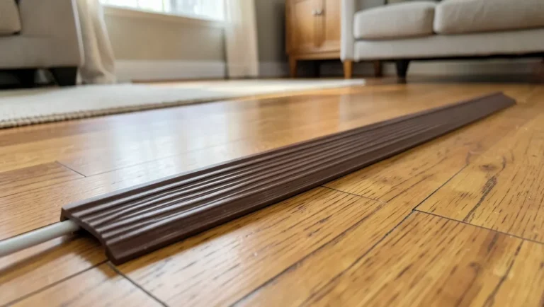 A low-profile wood-grain cord cover strip hides a cable while blending with the floor