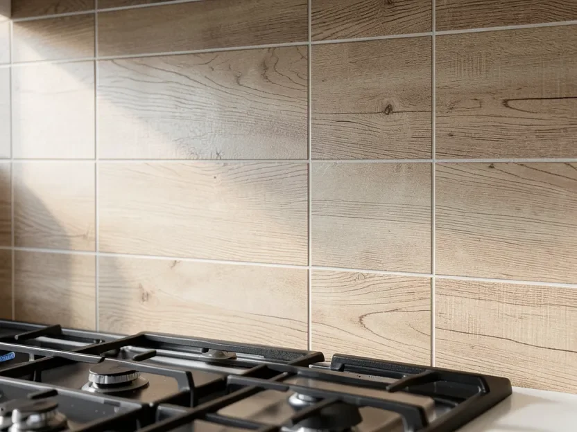 Wood-look porcelain tile backsplash installed behind a gas stove as a water-resistant alternative to real wood