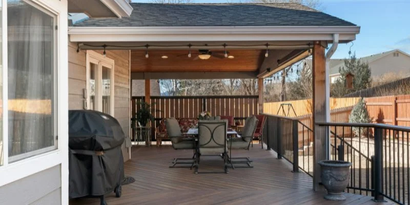 A deck finished with a warm semi-transparent brown wood stain