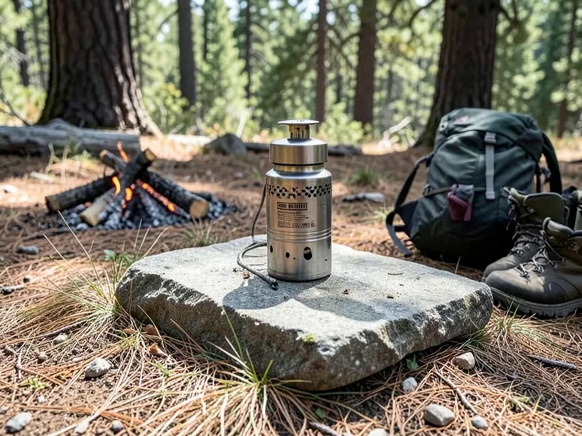 Wood-burning backpacking stove placed on a bare rock slab away from dry grass, backpack and boots nearby