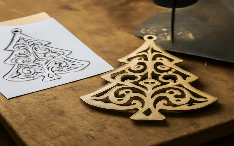 A freshly scroll-saw-cut wooden Christmas ornament resting next to its paper pattern