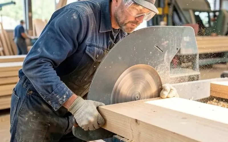 Worker operating an industrial saw to cut a lumber plank to size at a sawmill