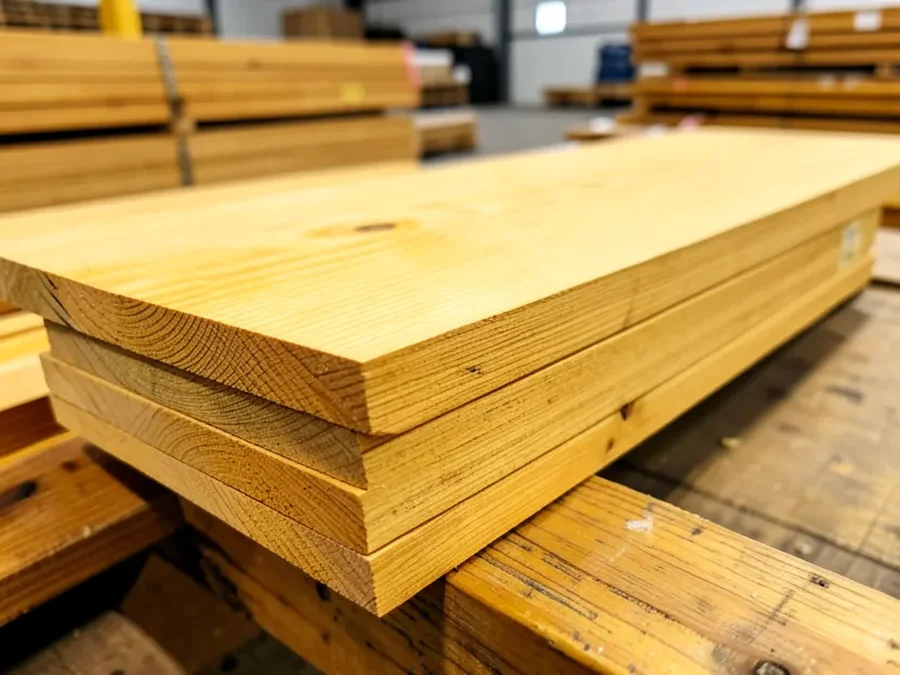 Stack of yellow-toned pressure treated lumber boards showing natural color from kiln-drying