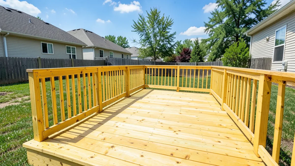 Newly built deck made from yellow pressure treated wood showing warm honey-blonde color