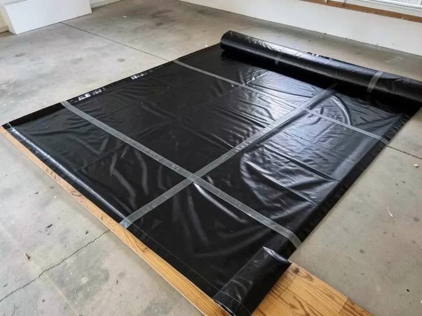 6 mil polyethylene vapor barrier sheeting rolled out and taped at the seams on a concrete floor