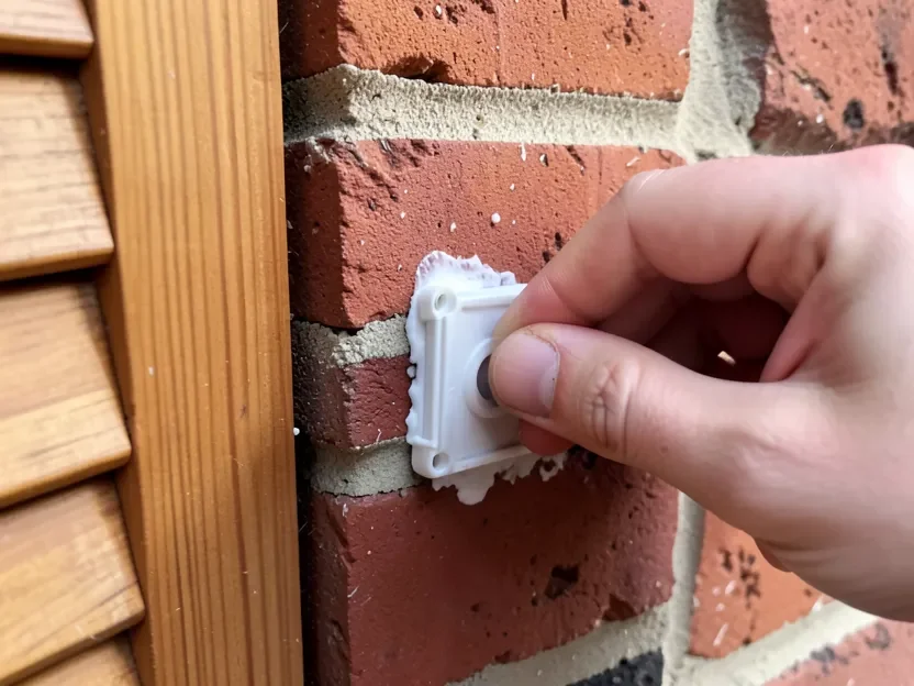 Adhesive-backed shutter mounting block being pressed onto a clean brick wall by hand