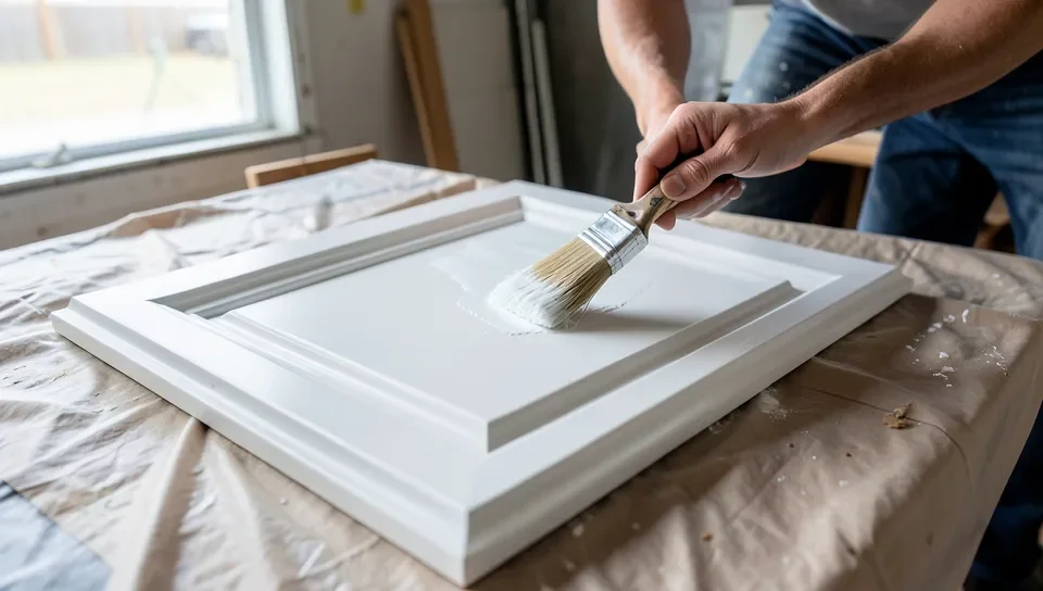 Paintbrush applying white bonding primer to a raised-panel kitchen cabinet door on a drop cloth