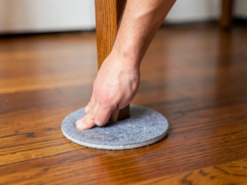 Applying a self-adhesive felt pad to a chair leg before pressing it onto a hardwood floor