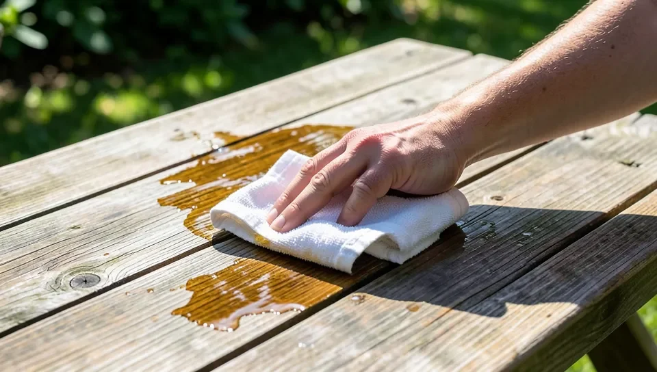 Applying teak oil to an outdoor wood table