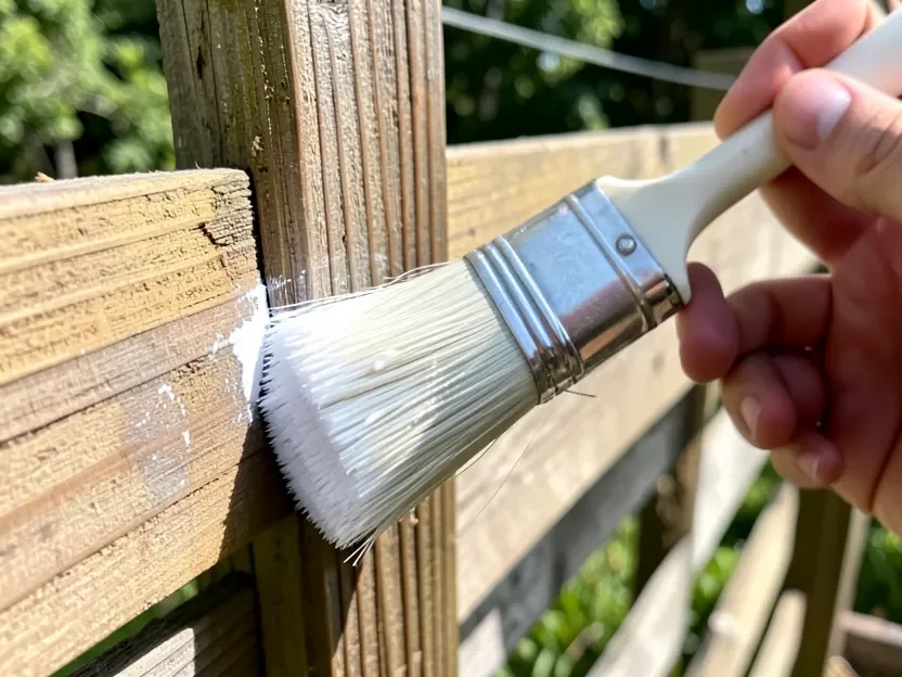 Applying white exterior stain to pressure-treated wood with a paintbrush