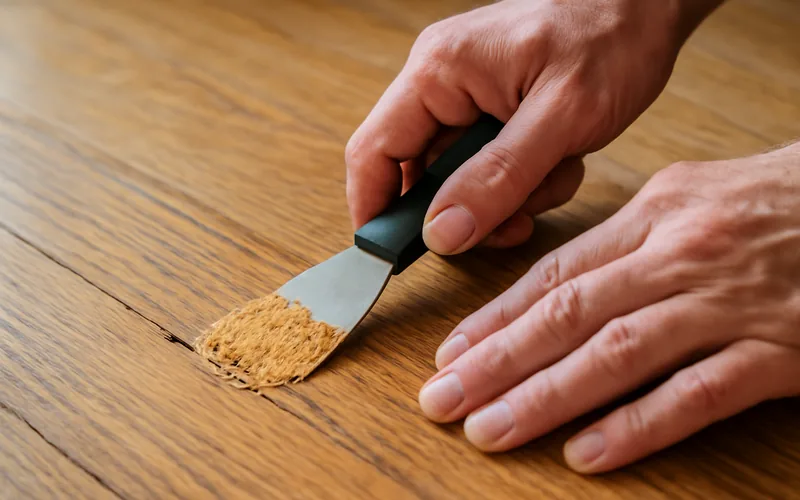 hands using a putty knife to press wood filler into a deep floor scratch