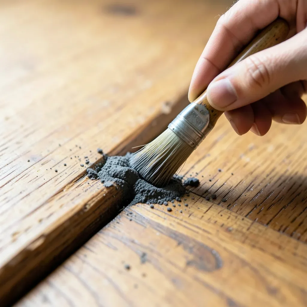Applying powdered lubricant into a hardwood floorboard seam to reduce squeaking