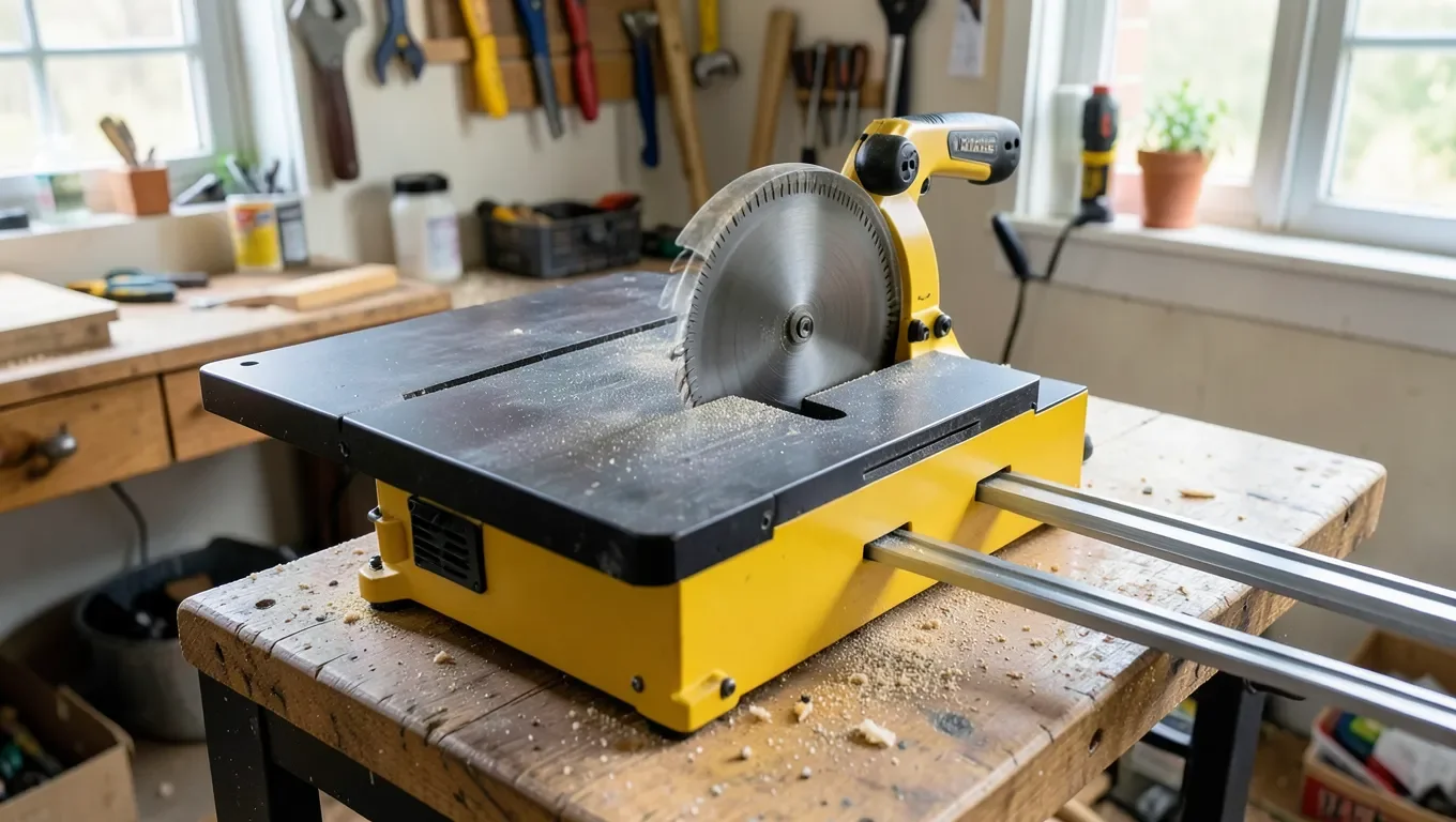 A benchtop table saw showing the rip fence and miter gauge components