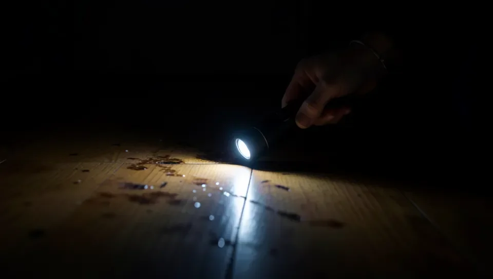 Using a black light to find hidden pet urine stains on a hardwood floor