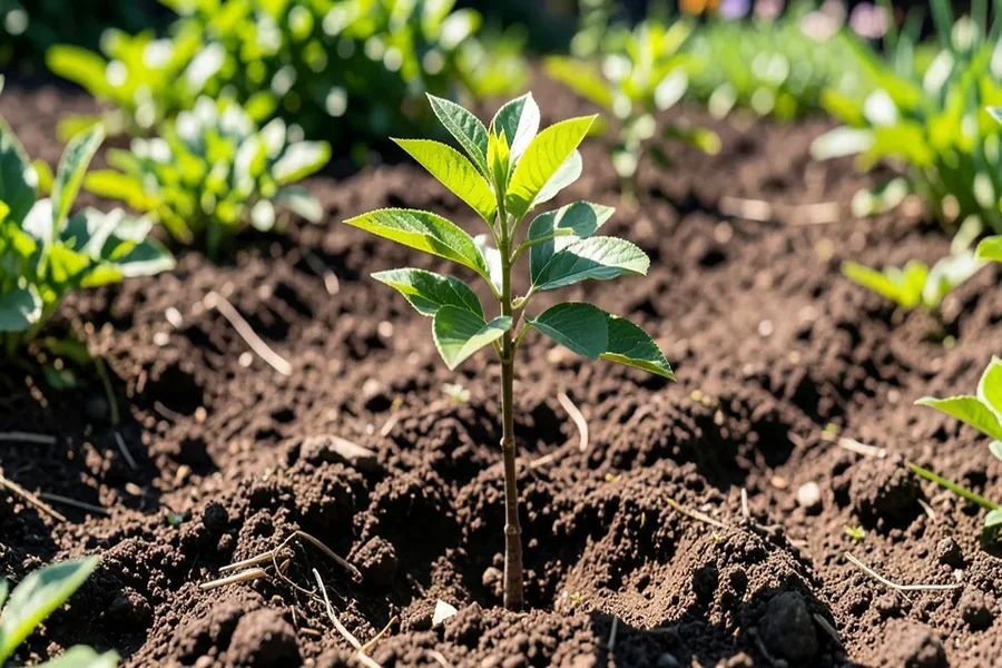 Young black walnut seedling growing in garden soil in full sun