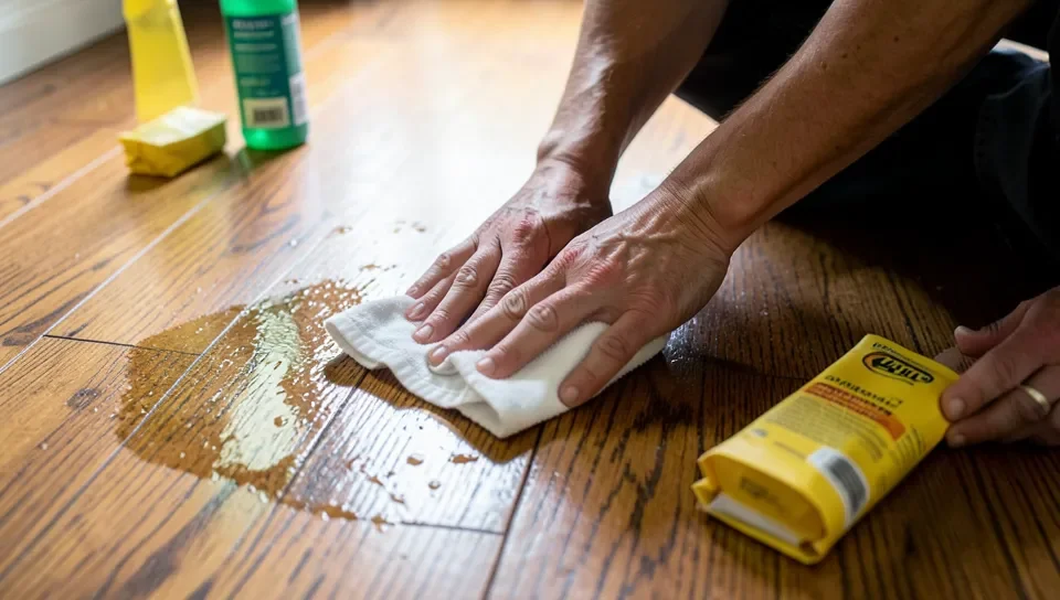 Blotting pet urine on a hardwood floor with a cloth