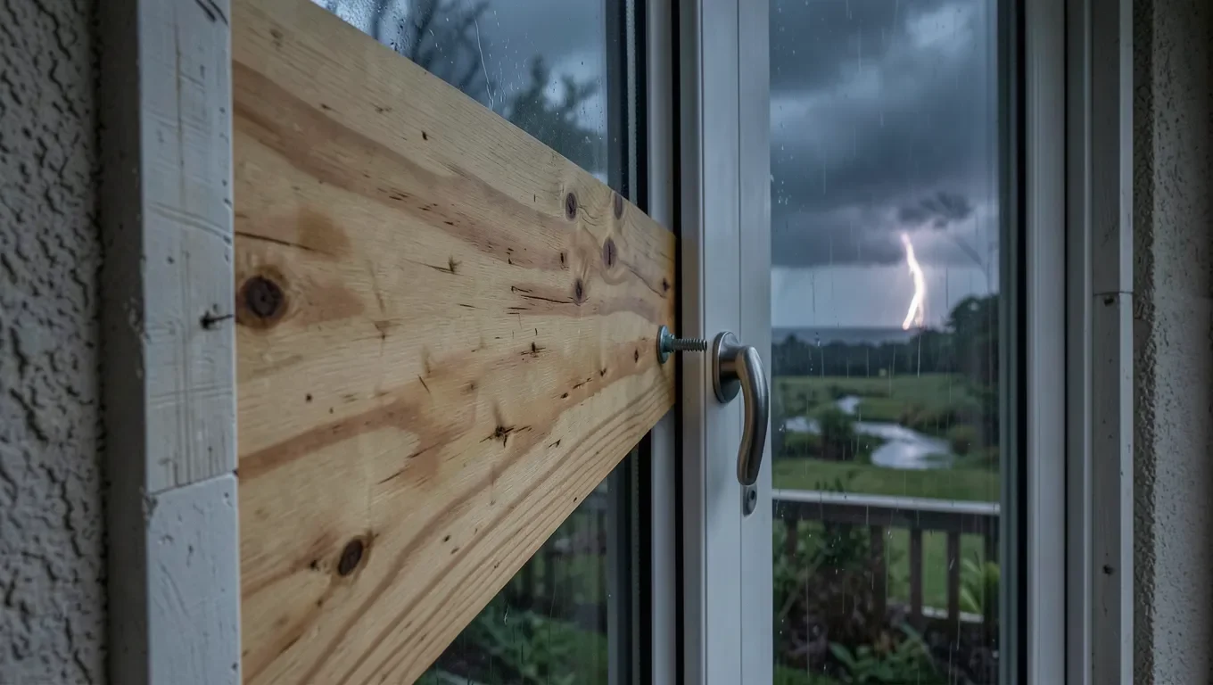 Boarding up a sliding glass door with exterior-grade plywood
