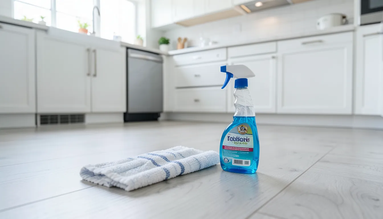 A mop and spray bottle of floor cleaner on a laminate wood-look floor