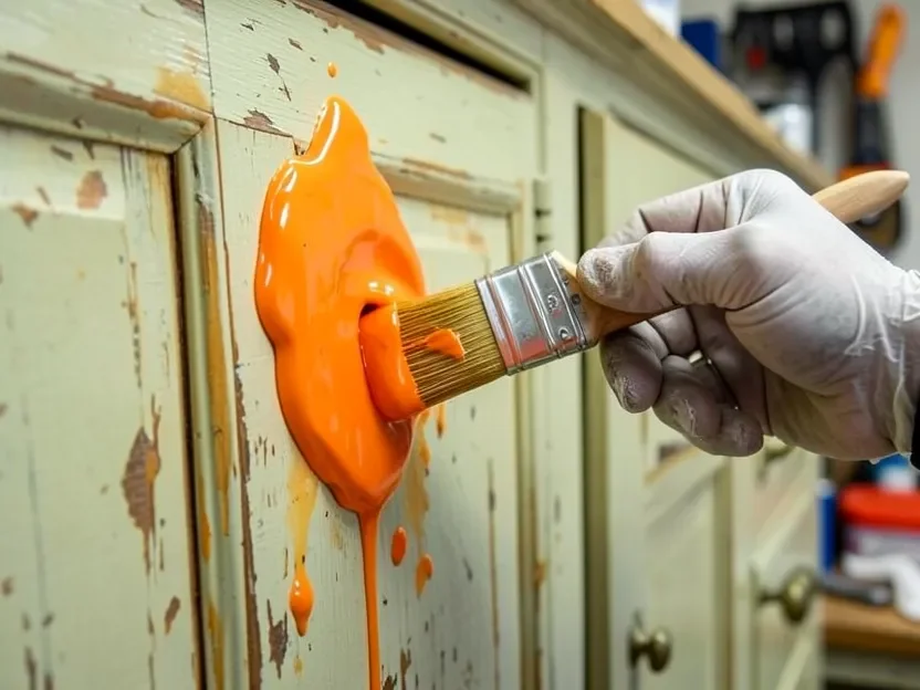 Gloved hand brushing thick citrus-based paint stripper gel onto an old painted cabinet door