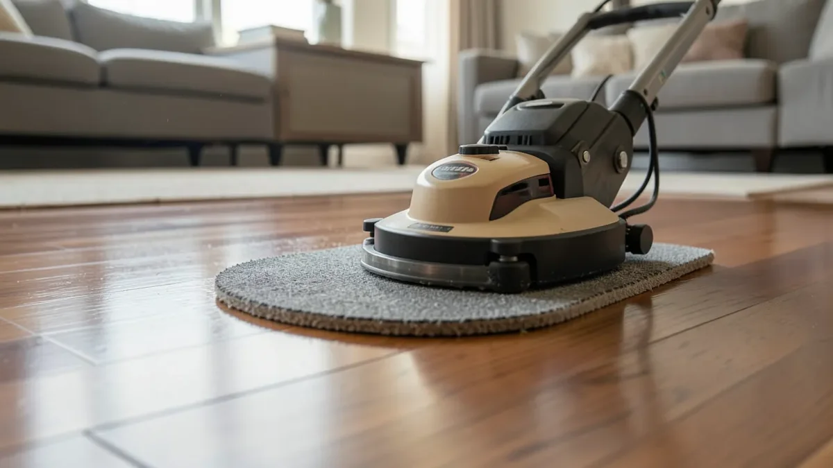 Floor buffer machine with an abrasive screen pad being used on a hardwood floor