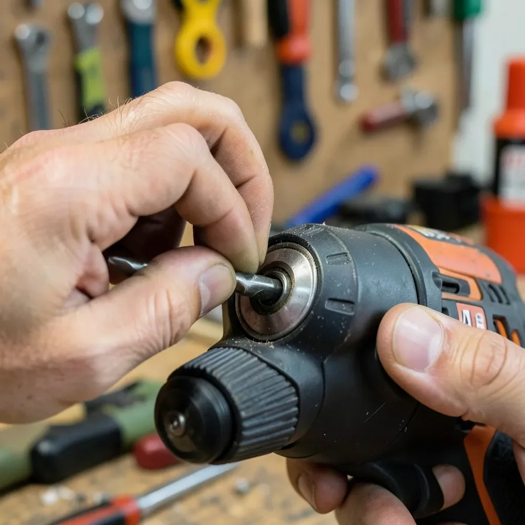 Hand inserting a drill bit into a cordless drill chuck in a workshop