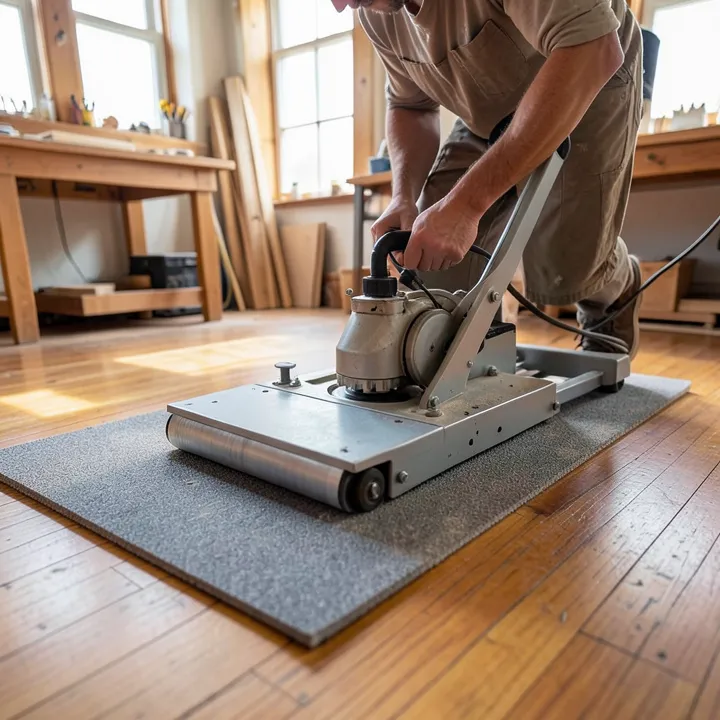 Floor buffer machine with an abrasive screen pad being used on a hardwood floor