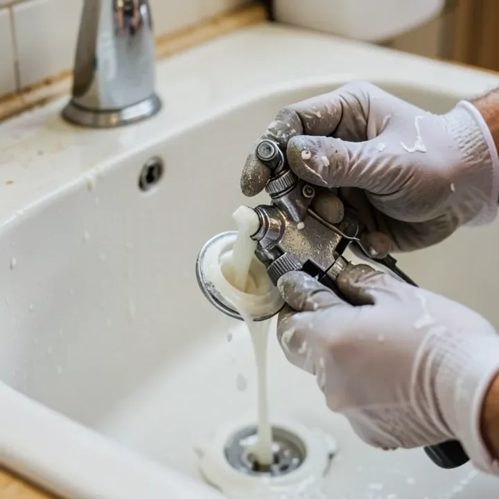 Rinsing a paint sprayer nozzle and tip under water after use