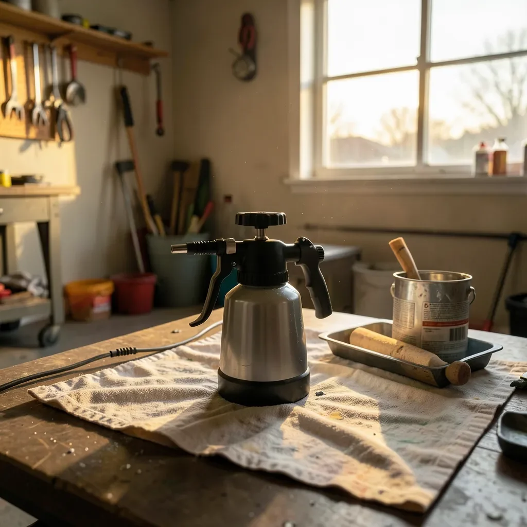 Paint sprayer resting on a drop cloth in a workshop