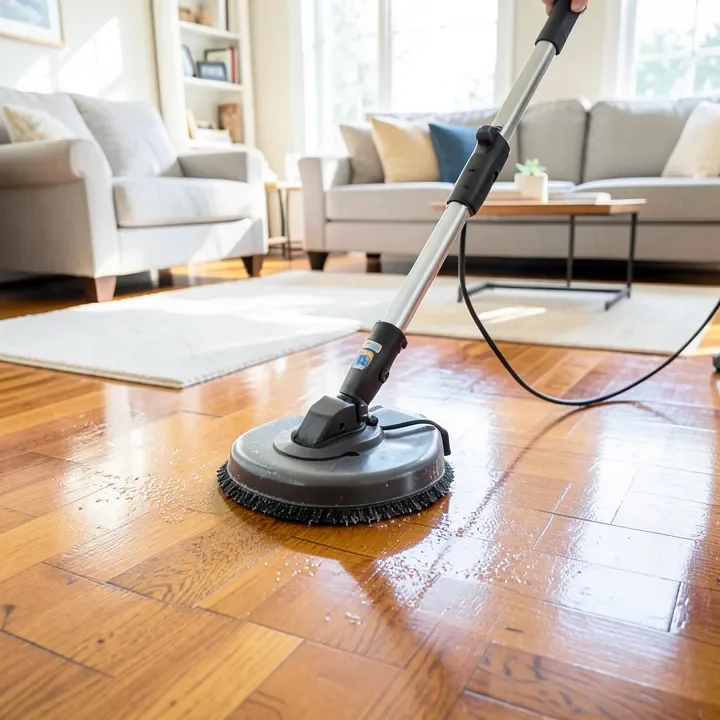 Wet-dry floor cleaner being used on sealed hardwood flooring