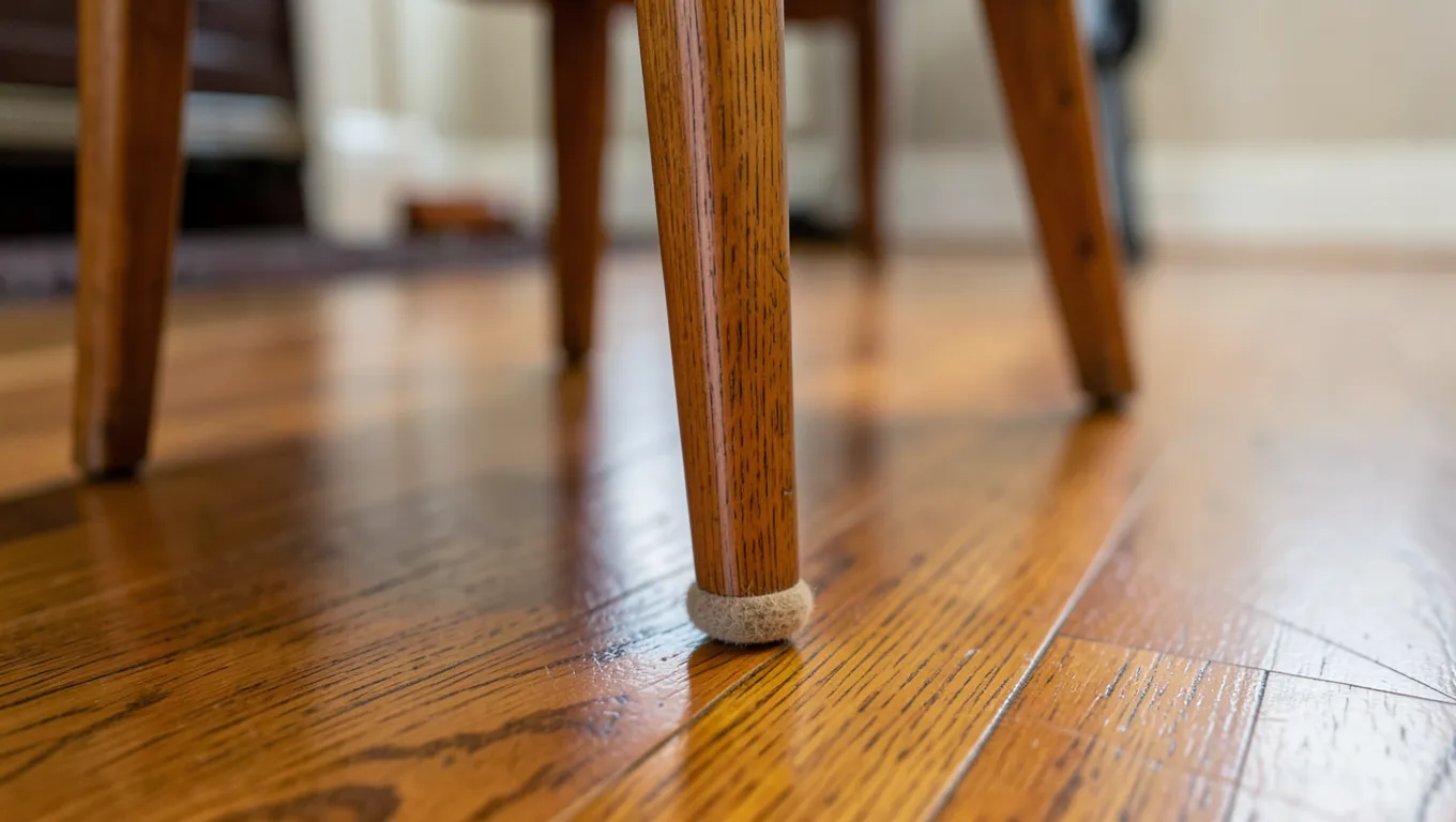 Felt pad attached to the bottom of a wooden dining chair leg on a hardwood floor