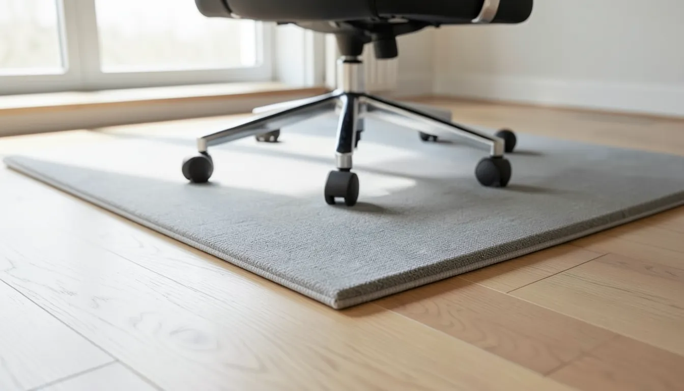 A chair mat sitting flat and stable on a hardwood floor without sliding