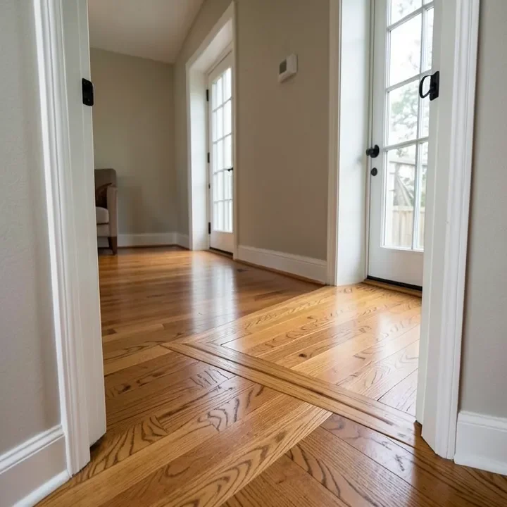 Wood transition strip installed at a doorway where hardwood flooring direction changes between rooms